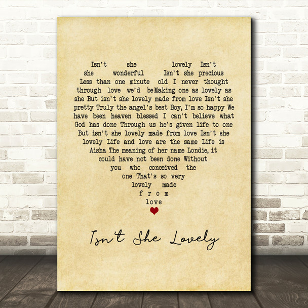 Stevie Wonder Isn't She Lovely Vintage Heart Song Lyric Print