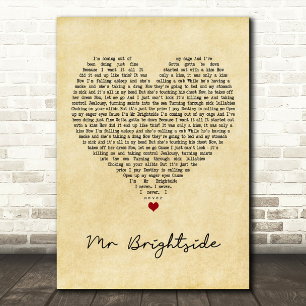The Killers Mr Brightside Vintage Heart Song Lyric Print