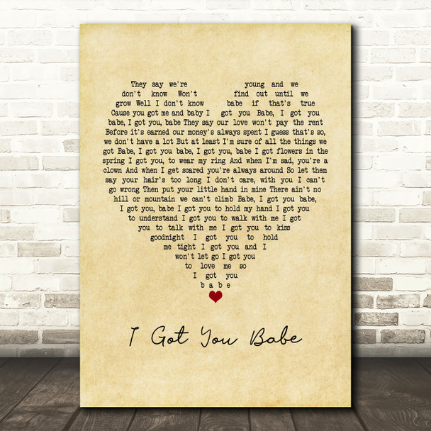 UB40 I Got You Babe Vintage Heart Song Lyric Print