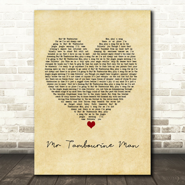 Bob Dylan Mr Tambourine Man Vintage Heart Song Lyric Print