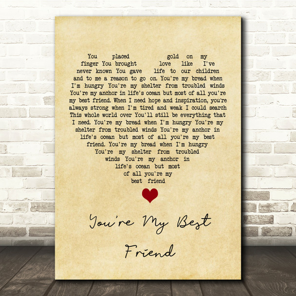 Don Williams You're My Best Friend Vintage Heart Song Lyric Print
