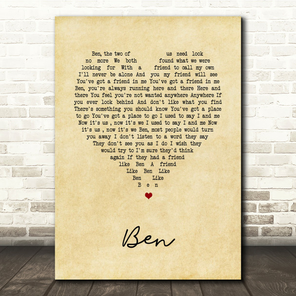 Michael Jackson Ben Vintage Heart Song Lyric Print