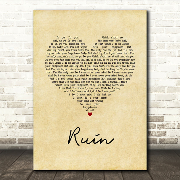 Shawn Mendes Ruin Vintage Heart Song Lyric Print