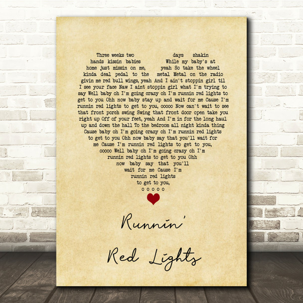 The Cadillac Three Runnin' Red Lights Vintage Heart Song Lyric Print
