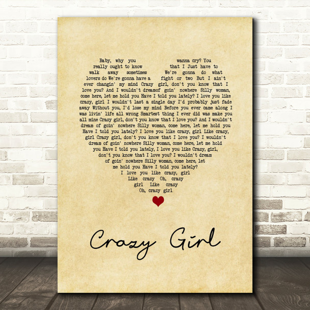 Eli Young Band Crazy Girl Vintage Heart Song Lyric Quote Print