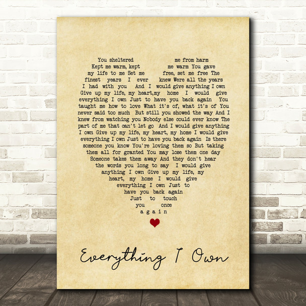 Everything I Own Bread Vintage Heart Quote Song Lyric Print