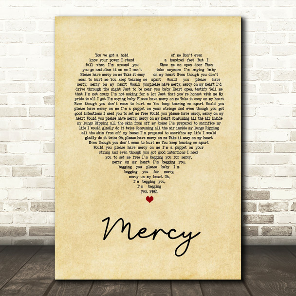 Shawn Mendes Mercy Vintage Heart Song Lyric Quote Print