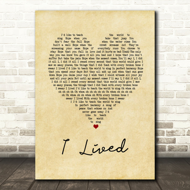 OneRepublic I Lived Vintage Heart Song Lyric Print