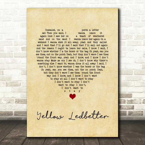 Pearl Jam Yellow Ledbetter Vintage Heart Song Lyric Print