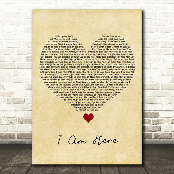 Pink I Am Here Vintage Heart Song Lyric Print