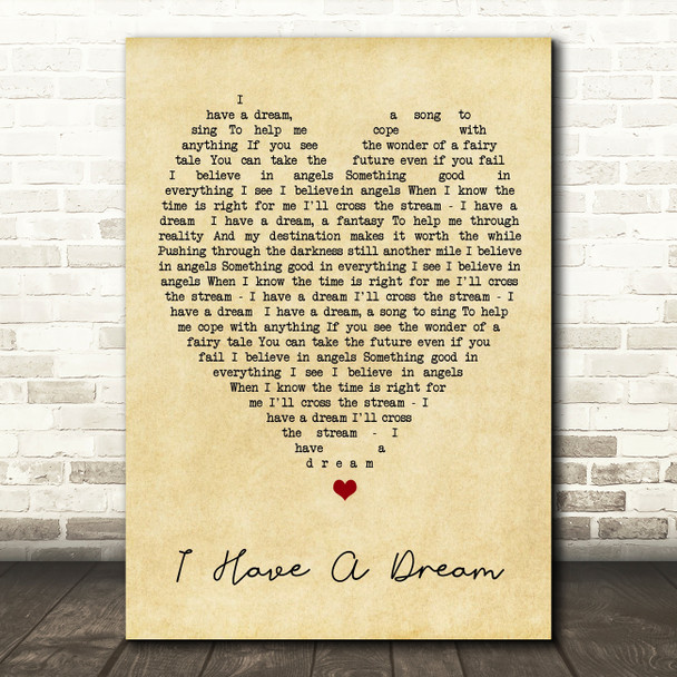 I Have A Dream ABBA Vintage Heart Quote Song Lyric Print