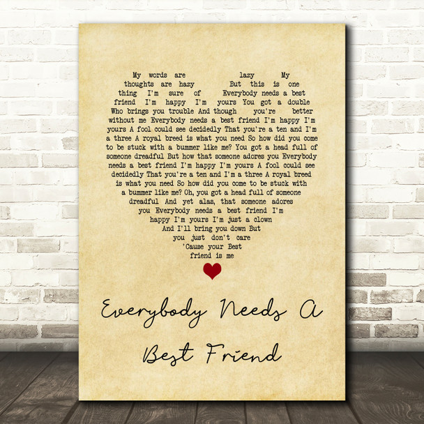 Norah Jones Everybody Needs A Best Friend Vintage Heart Song Lyric Music Art Print