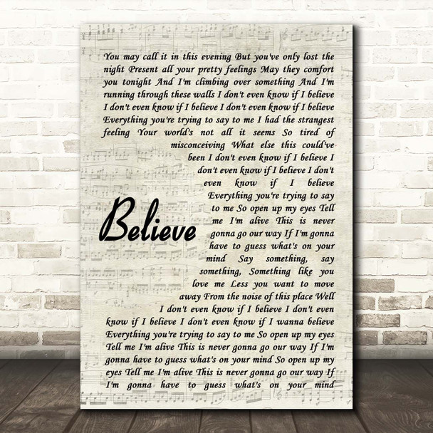 Mumford & Sons Believe Vintage Script Song Lyric Print