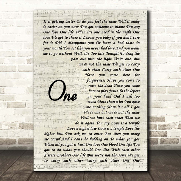 U2 One Vintage Script Song Lyric Print