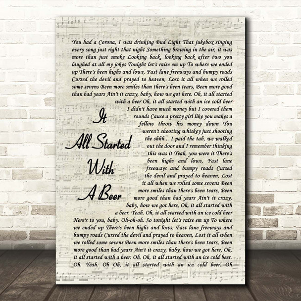 Frankie Ballard It All Started With A Beer Vintage Script Song Lyric Print