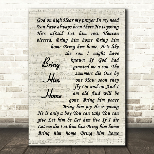 Alfie Boe Bring Him Home Vintage Script Song Lyric Quote Music Print