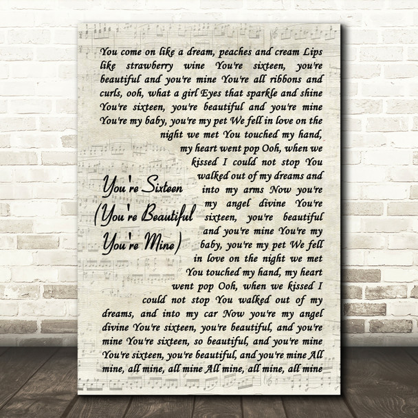 Ringo Starr You're Sixteen (You're Beautiful You're Mine) Vintage Script Song Lyric Quote Music Print