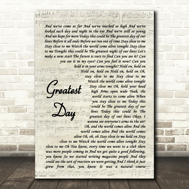 Take That Greatest Day Vintage Script Song Lyric Quote Music Print