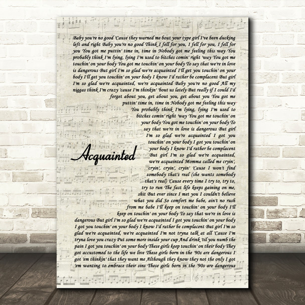 The Weeknd Acquainted Vintage Script Song Lyric Quote Music Print