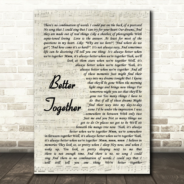 Better Together Jack Johnson Song Lyric Vintage Script Quote Print