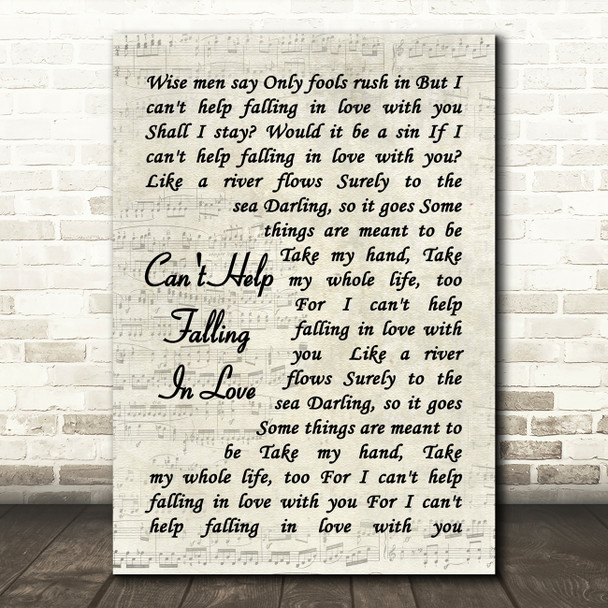 Can't Help Falling In Love Elvis Presley Song Lyric Vintage Script Quote Print