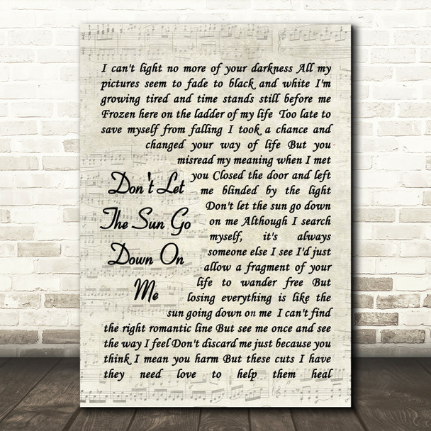 Don't Let The Sun Go Down On Me Elton John Song Lyric Vintage Script Quote Print