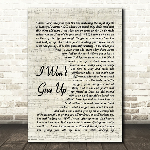 I Won't Give Up Jason Mraz Song Lyric Vintage Script Quote Print