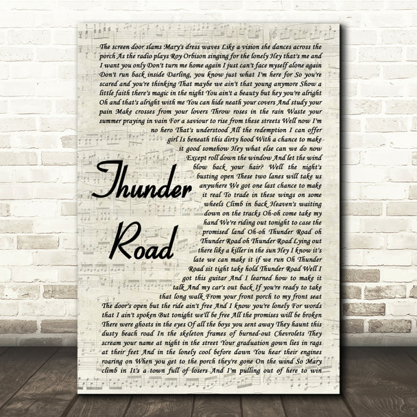 Bruce Springsteen Thunder Road Vintage Script Song Lyric Quote Print