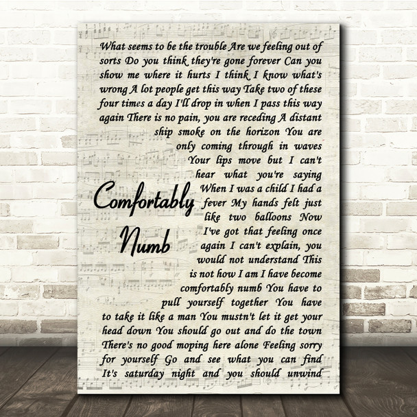 Pink Floyd Comfortably Numb Vintage Script Song Lyric Quote Print