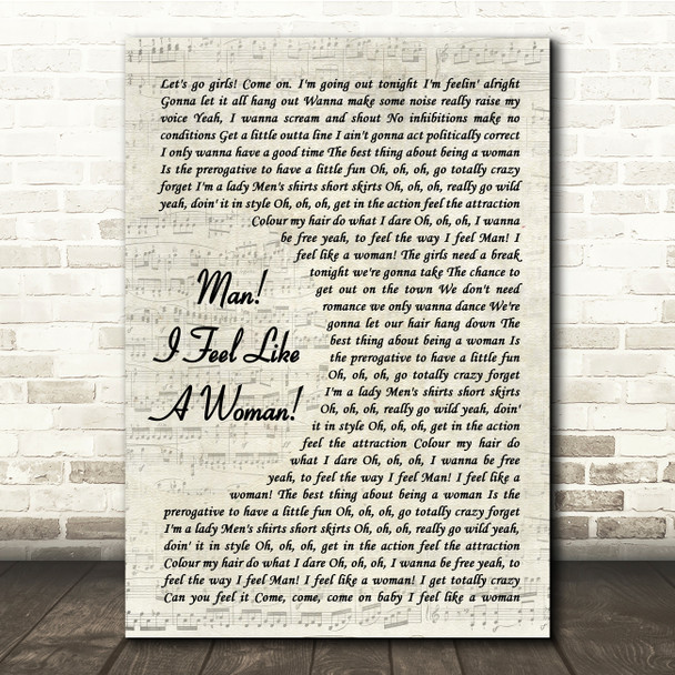 Shania Twain Man I Feel Like A Woman Vintage Script Song Lyric Quote Print