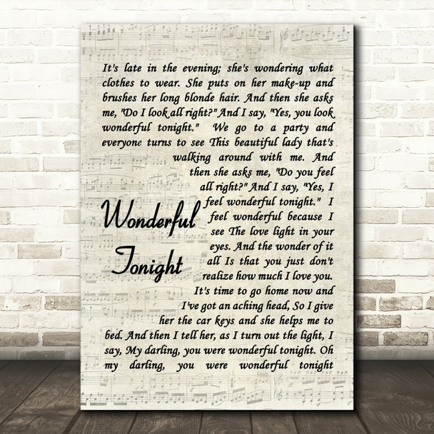 Wonderful Tonight Eric Clapton Song Lyric Vintage Script Quote Print