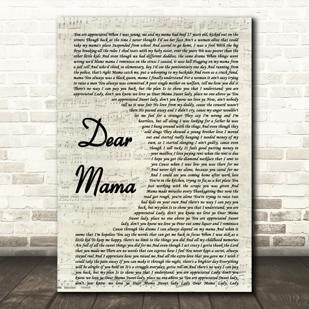 2Pac Dear Mama Song Lyric Vintage Script Quote Print