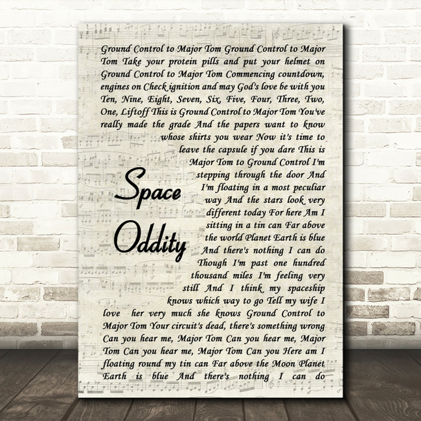 David Bowie Space Oddity Song Lyric Vintage Script Quote Print