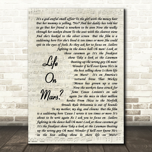 David Bowie Life On Mars Vintage Script Song Lyric Quote Print
