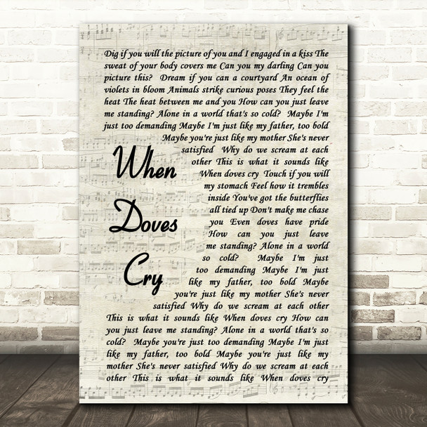 Prince When Doves Cry Vintage Script Song Lyric Quote Print