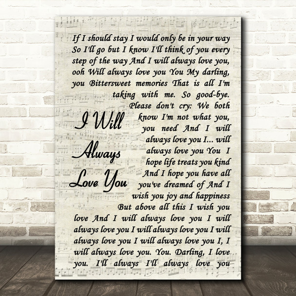 Whitney Houston I Will Always Love You Vintage Script Song Lyric Quote Print