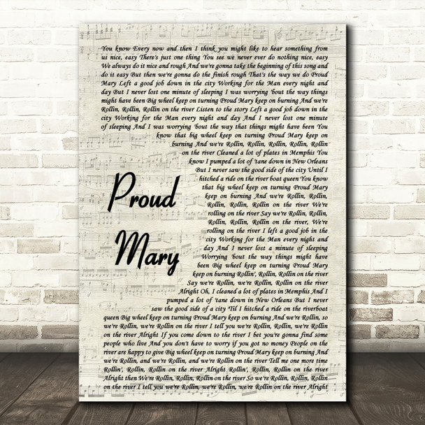 Tina Turner Proud Mary Vintage Script Song Lyric Print