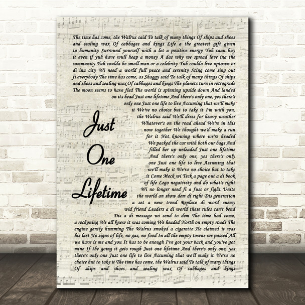 Sting & Shaggy Just One Lifetime Vintage Script Song Lyric Print
