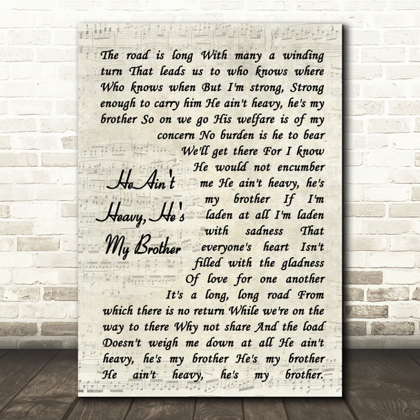 The Hollies He Ain't Heavy, He's My Brother Vintage Script Song Lyric Print