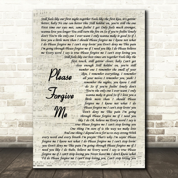 Bryan Adams Please Forgive Me Song Lyric Vintage Script Quote Print