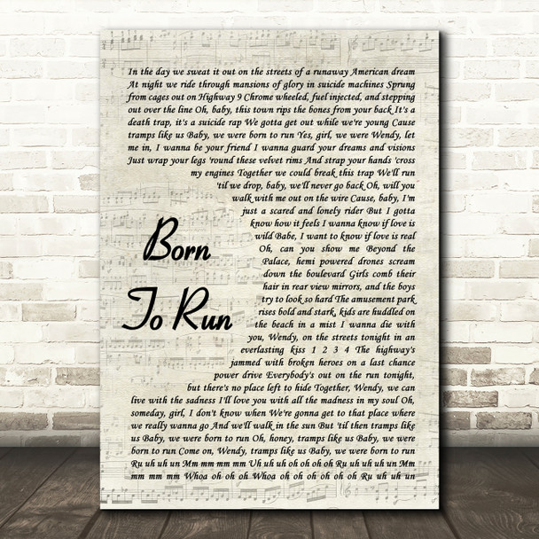 Bruce Springsteen Born To Run Vintage Script Song Lyric Music Art Print
