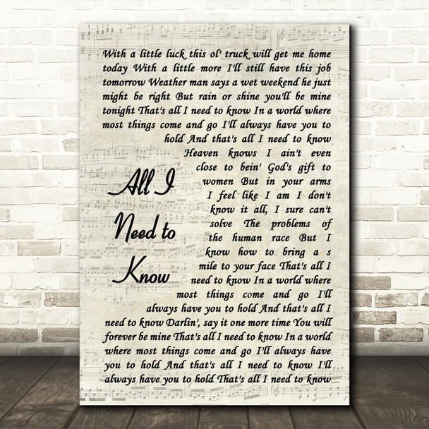 Kenny Chesney All I Need to Know Vintage Script Song Lyric Music Art Print
