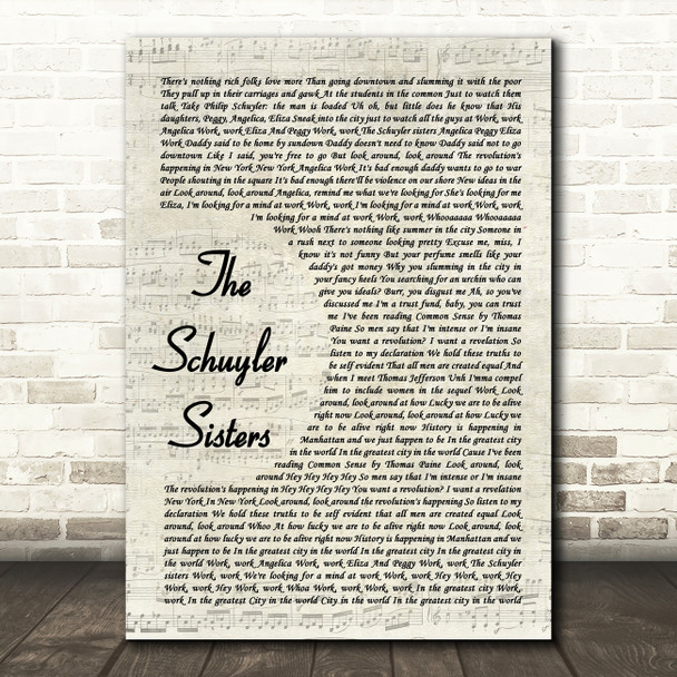Original Broadway Cast Of Hamilton The Schuyler Sisters Vintage Script Song Lyric Music Art Print