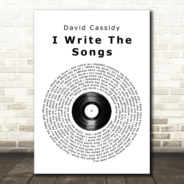 David Cassidy I Write The Songs Vinyl Record Song Lyric Quote Print