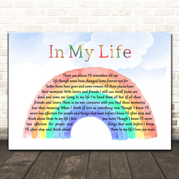 The Beatles In My Life Watercolour Rainbow & Clouds Song Lyric Print