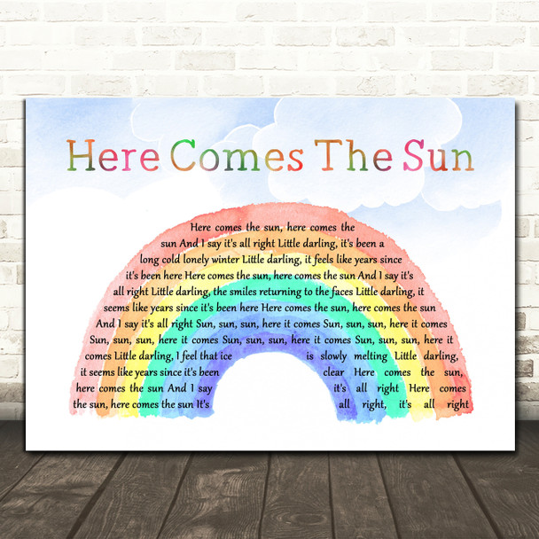 The Beatles Here Comes The Sun Watercolour Rainbow & Clouds Song Lyric Quote Music Print