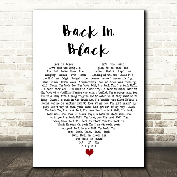 AC DC Back In Black White Heart Song Lyric Wall Art Print