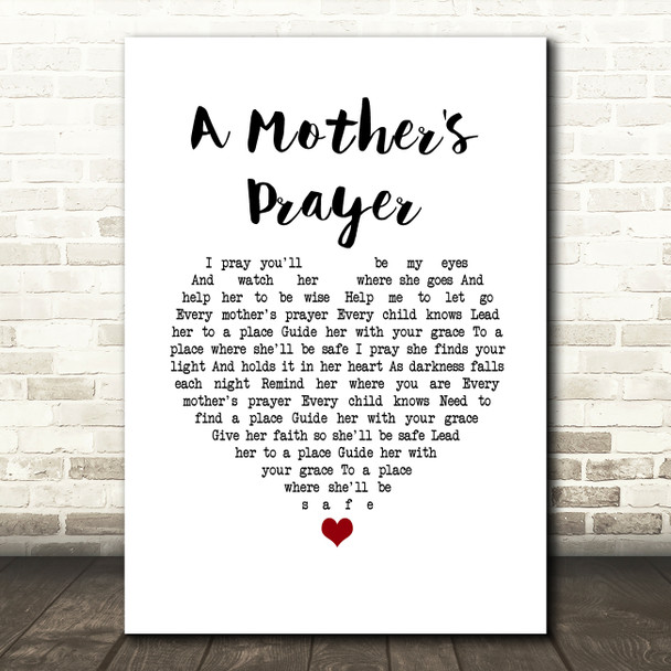 Celine Dion A Mother's Prayer White Heart Song Lyric Wall Art Print