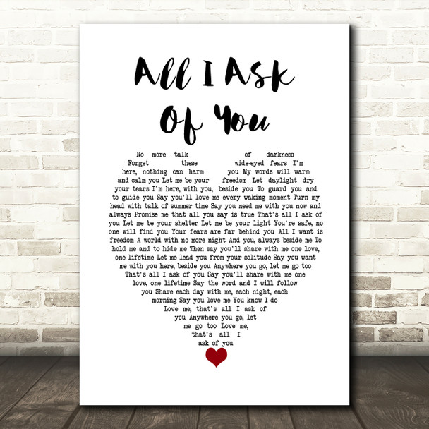 Josh Groban All I Ask Of You White Heart Song Lyric Wall Art Print