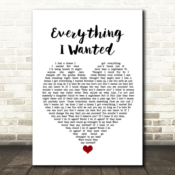 Billie Eilish Everything I Wanted White Heart Song Lyric Quote Music Print